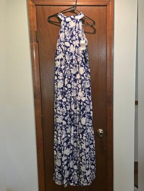 Maxi Halter Floral Dress in Navy and White